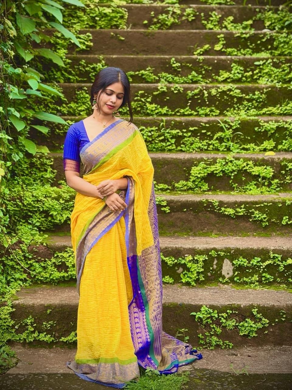 Bright Yellow Pure Mul Cotton Zari saree